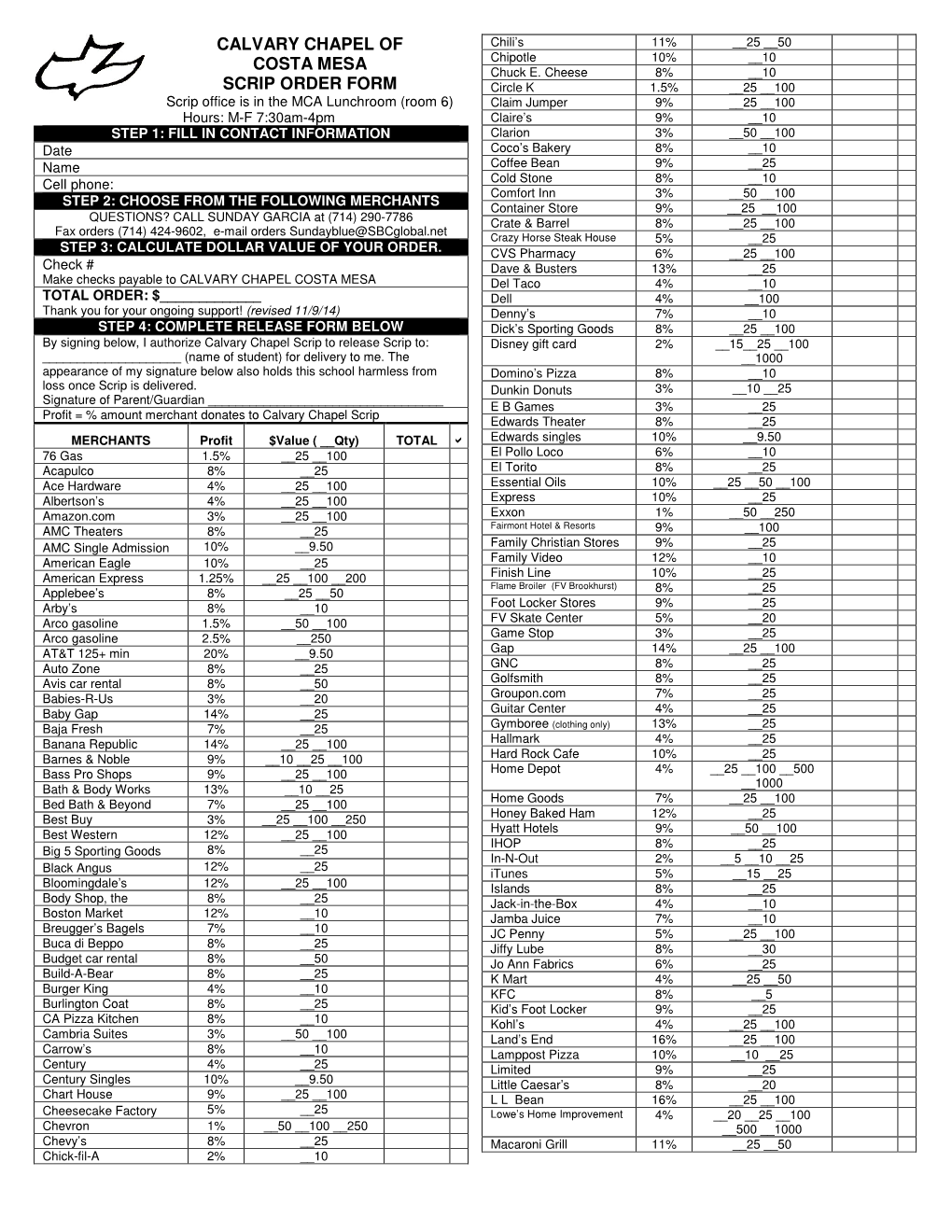 Calvary Chapel of Costa Mesa Scrip Order Form