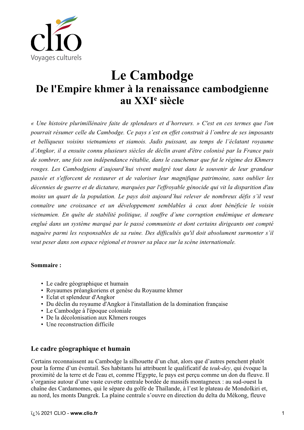 Le Cambodge De L'empire Khmer À La Renaissance Cambodgienne Au Xxie Siècle