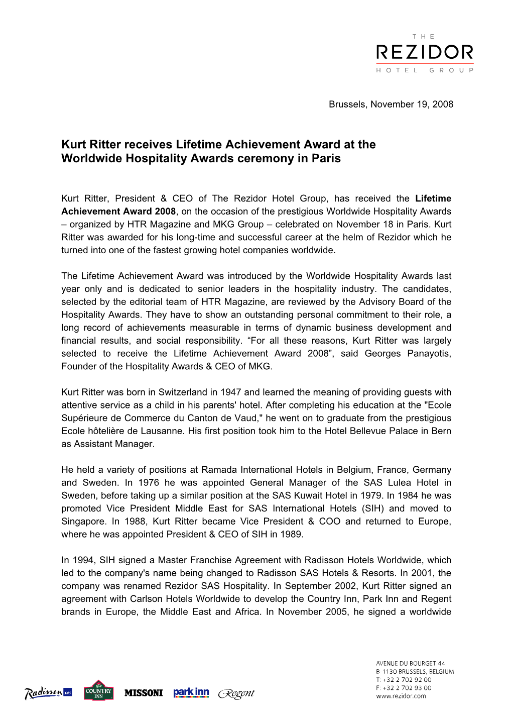 Kurt Ritter Receives Lifetime Achievement Award at the Worldwide Hospitality Awards Ceremony in Paris