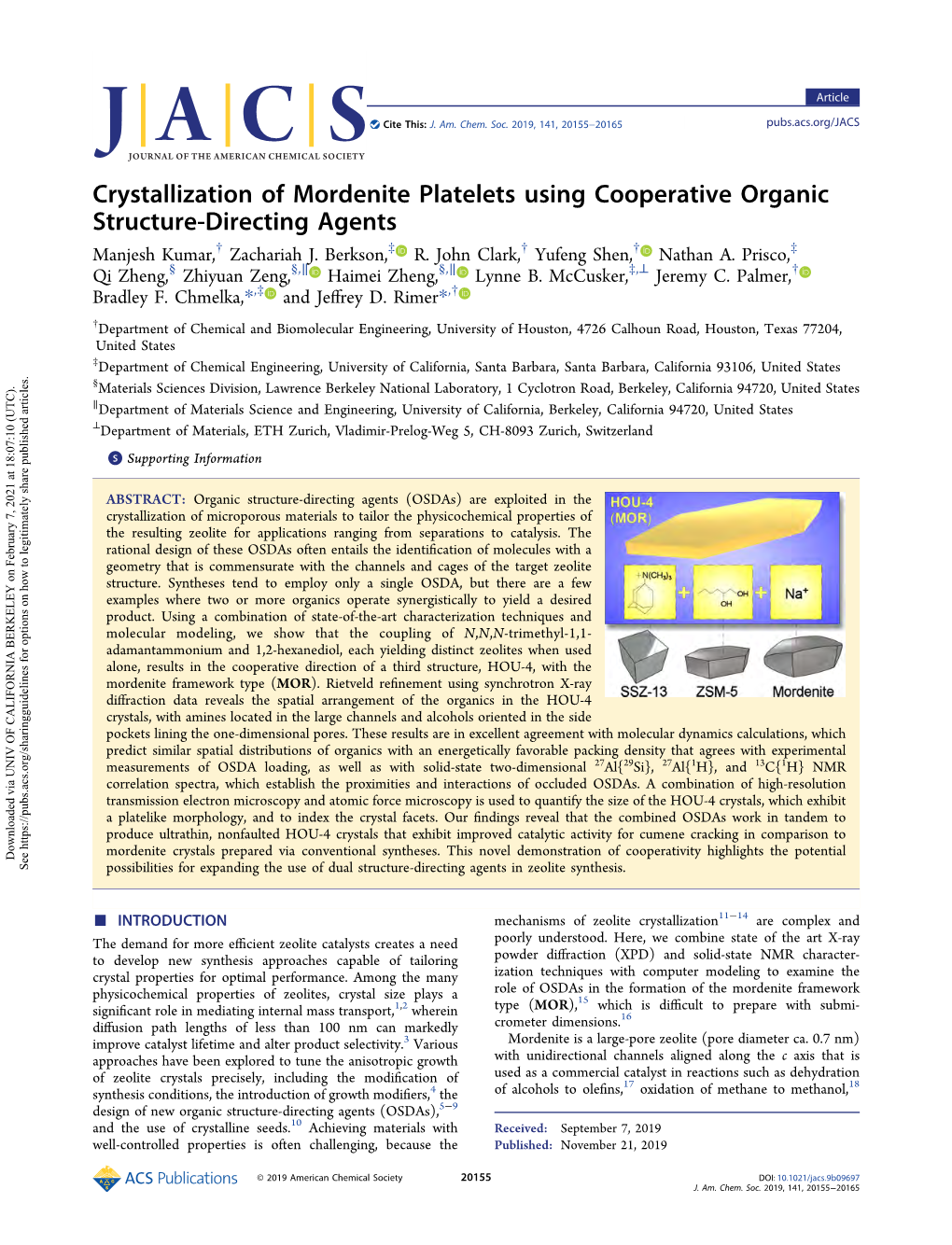 Crystallization of Mordenite Platelets Using Cooperative Organic Structure-Directing Agents † ‡ † † ‡ Manjesh Kumar, Zachariah J