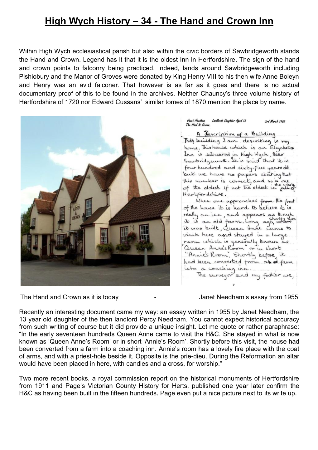High Wych History – 34 - the Hand and Crown Inn