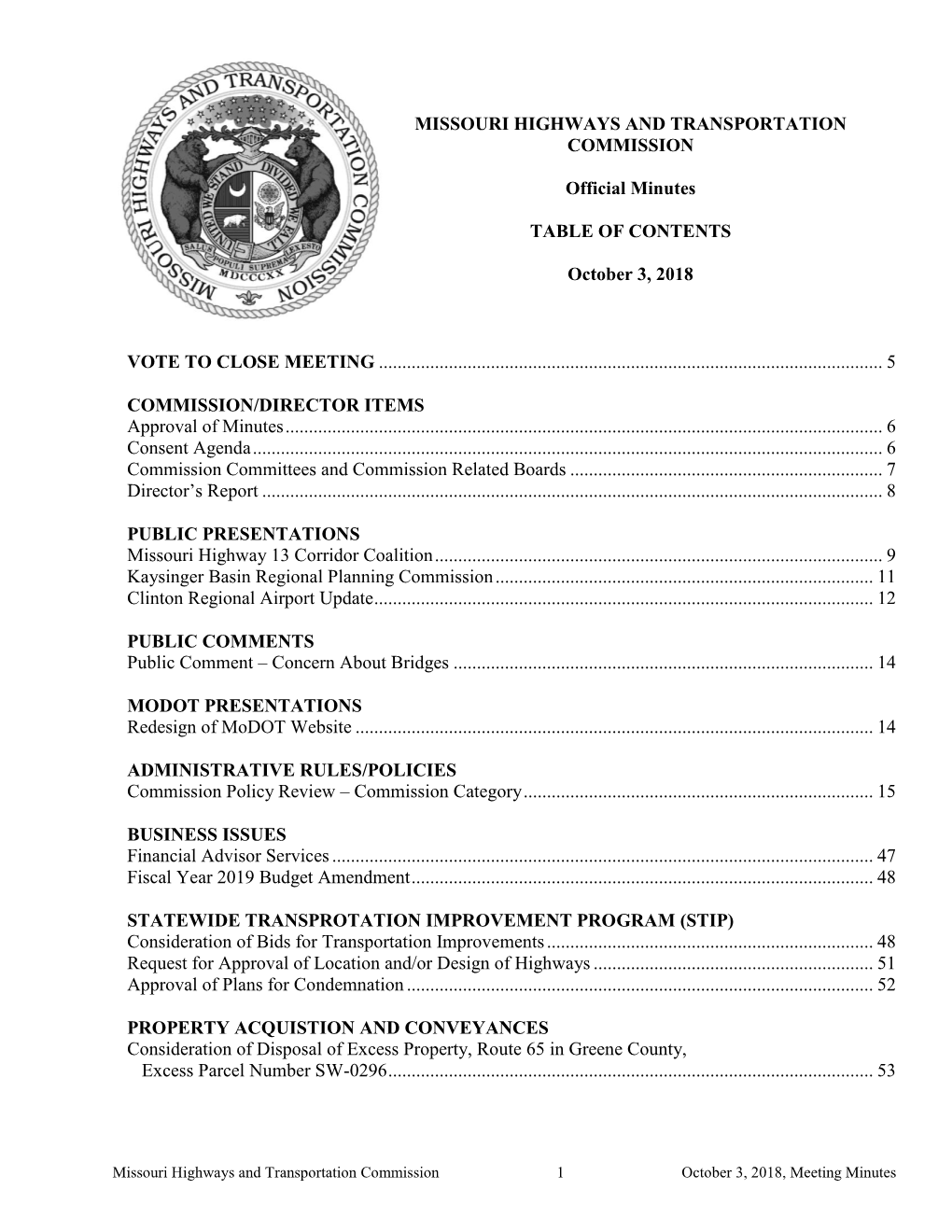 MISSOURI HIGHWAYS and TRANSPORTATION COMMISSION Official Minutes TABLE OF