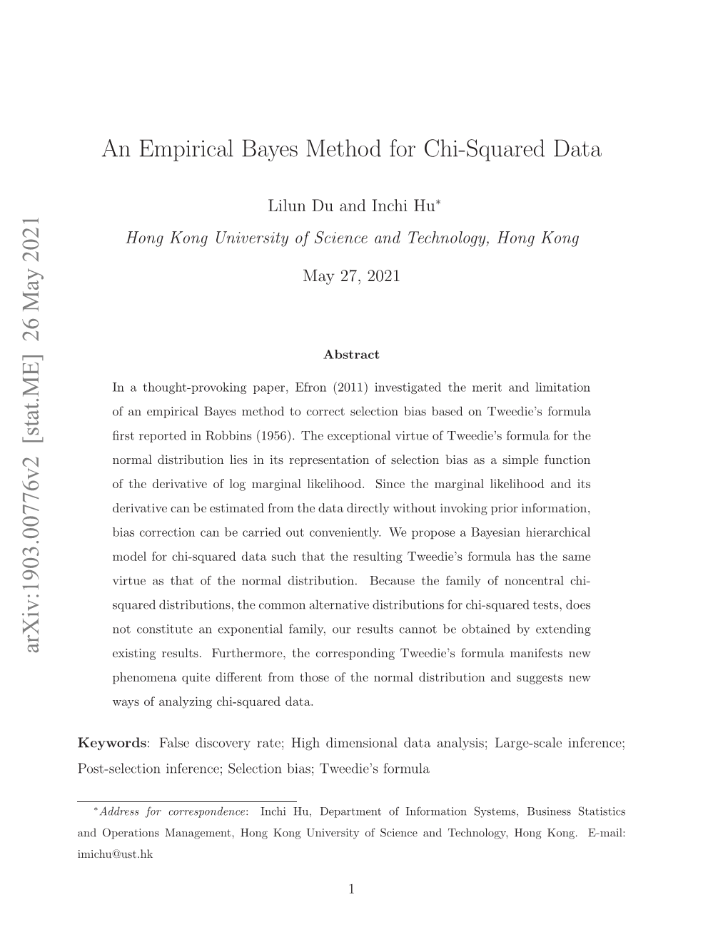 Arxiv:1903.00776V2 [Stat.ME] 26 May 2021 an Empirical Bayes Method