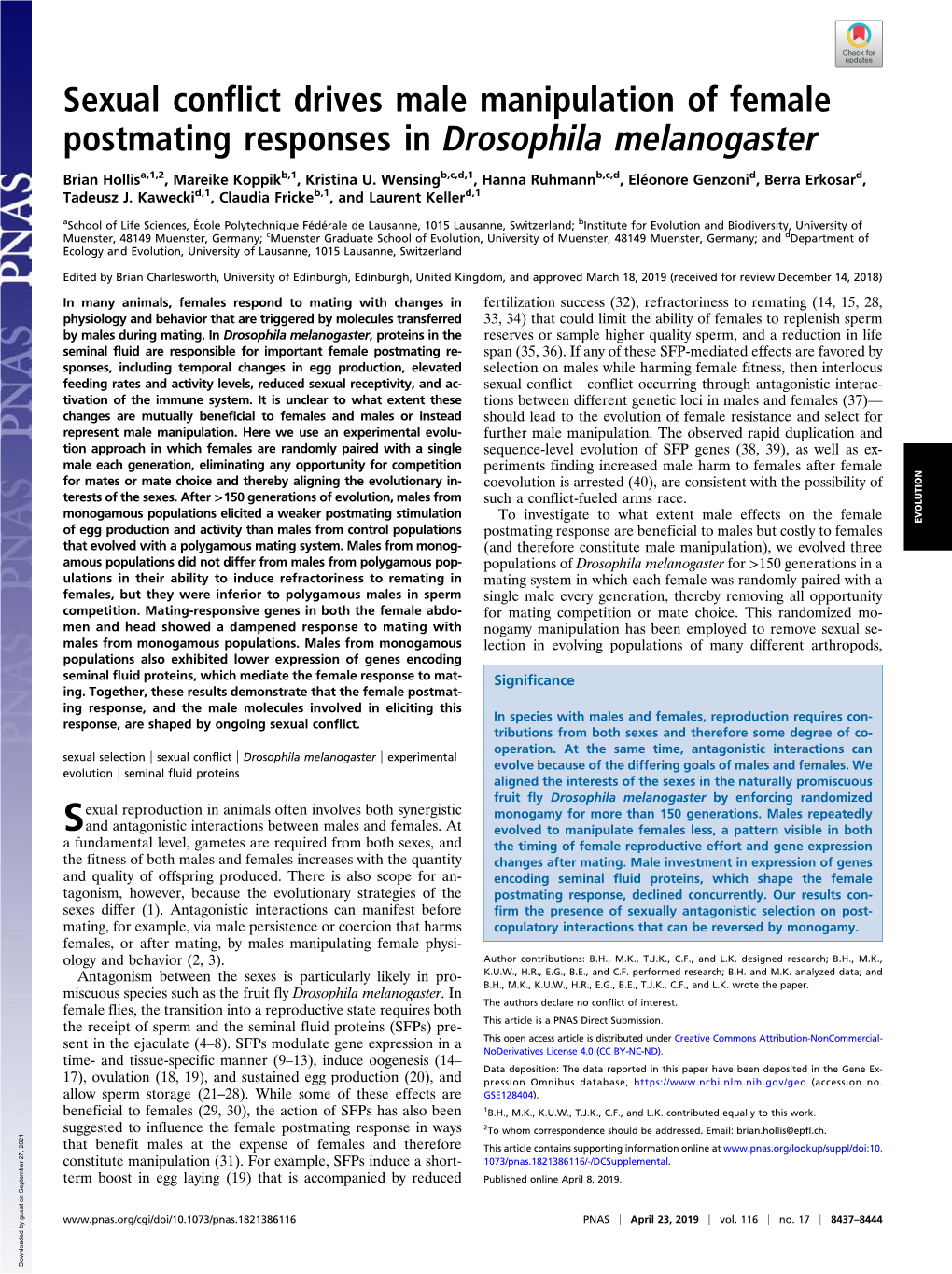 Sexual Conflict Drives Male Manipulation of Female Postmating Responses in Drosophila Melanogaster