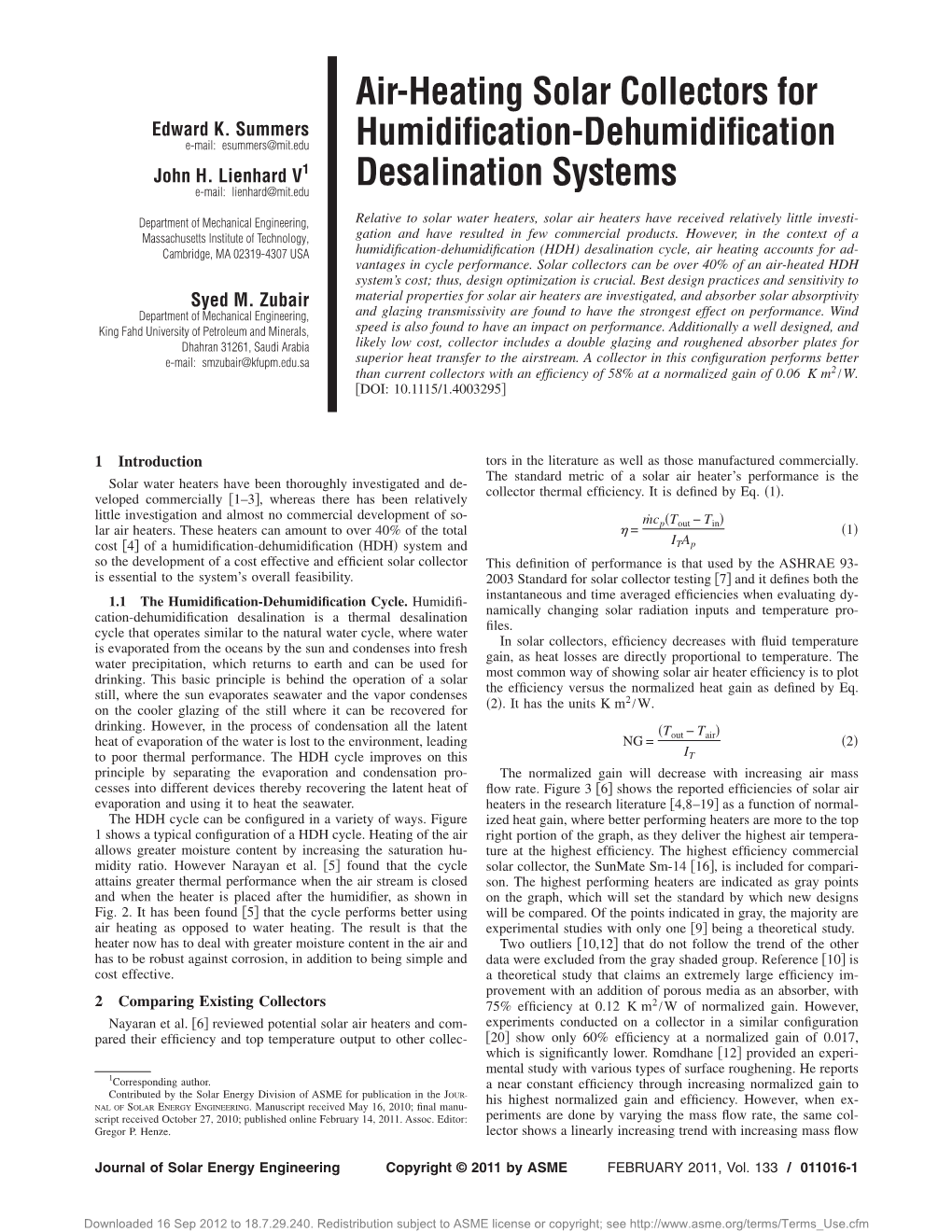 Air-Heating Solar Collectors for Humidification-Dehumidification