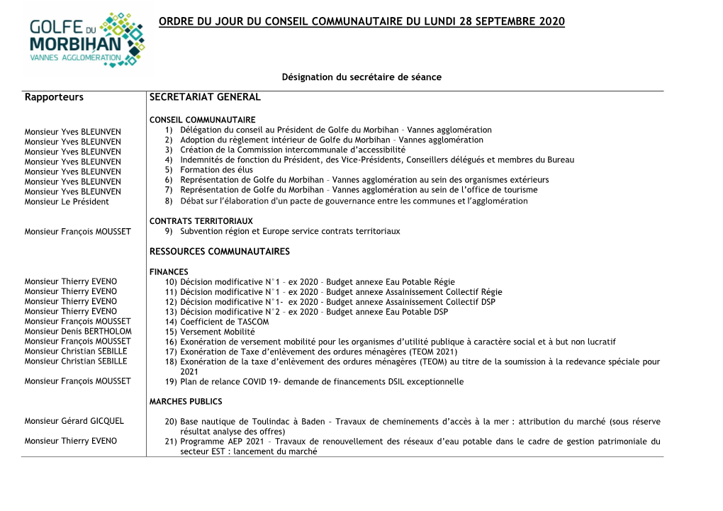 Conseil Communautaire Du 28 Septembre 2020