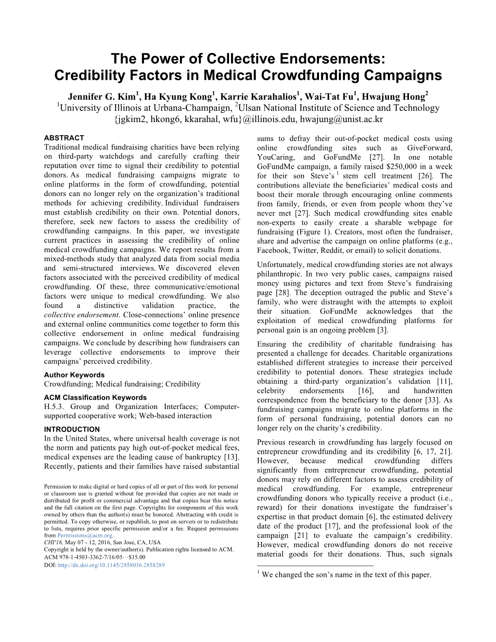 Credibility Factors in Medical Crowdfunding Campaigns Jennifer G