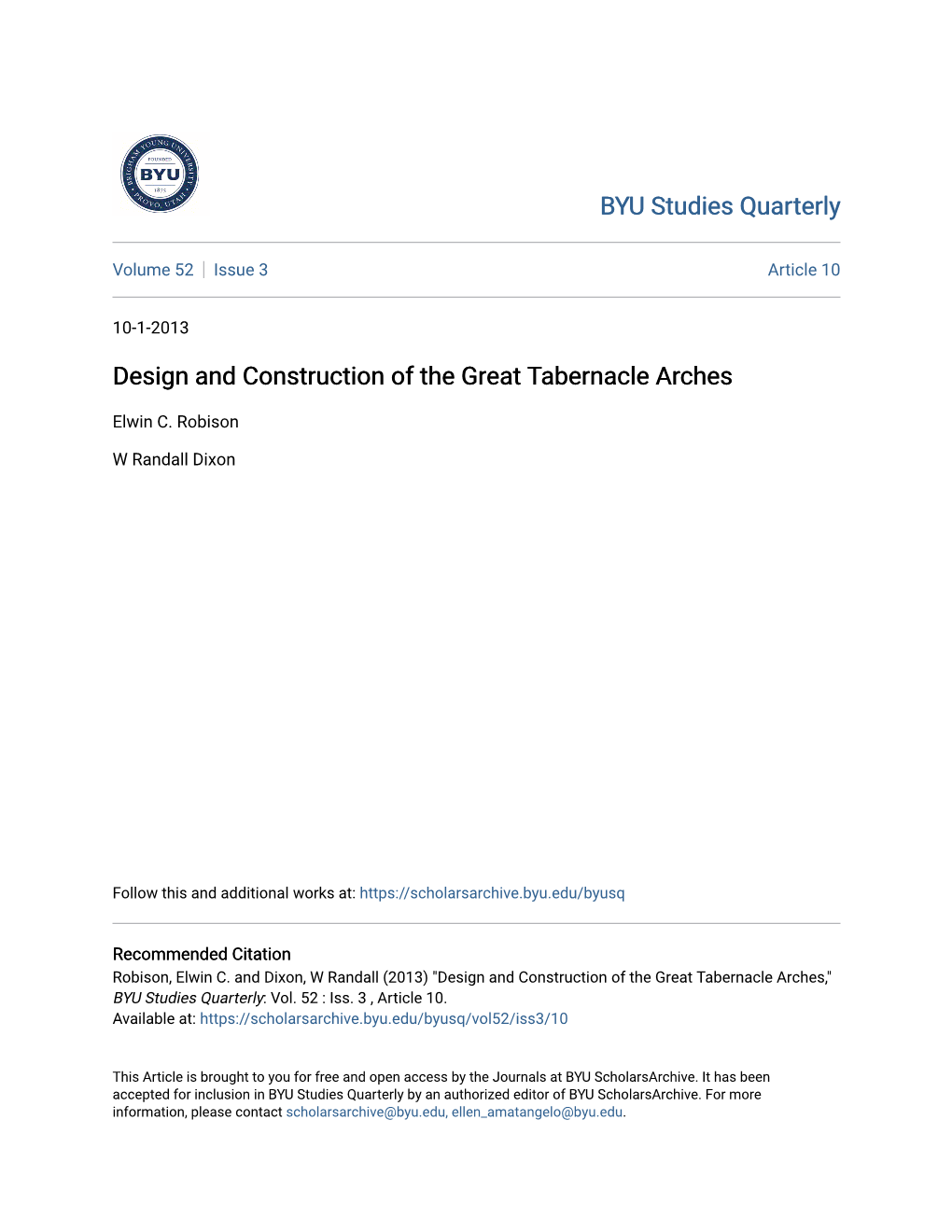 Design and Construction of the Great Tabernacle Arches