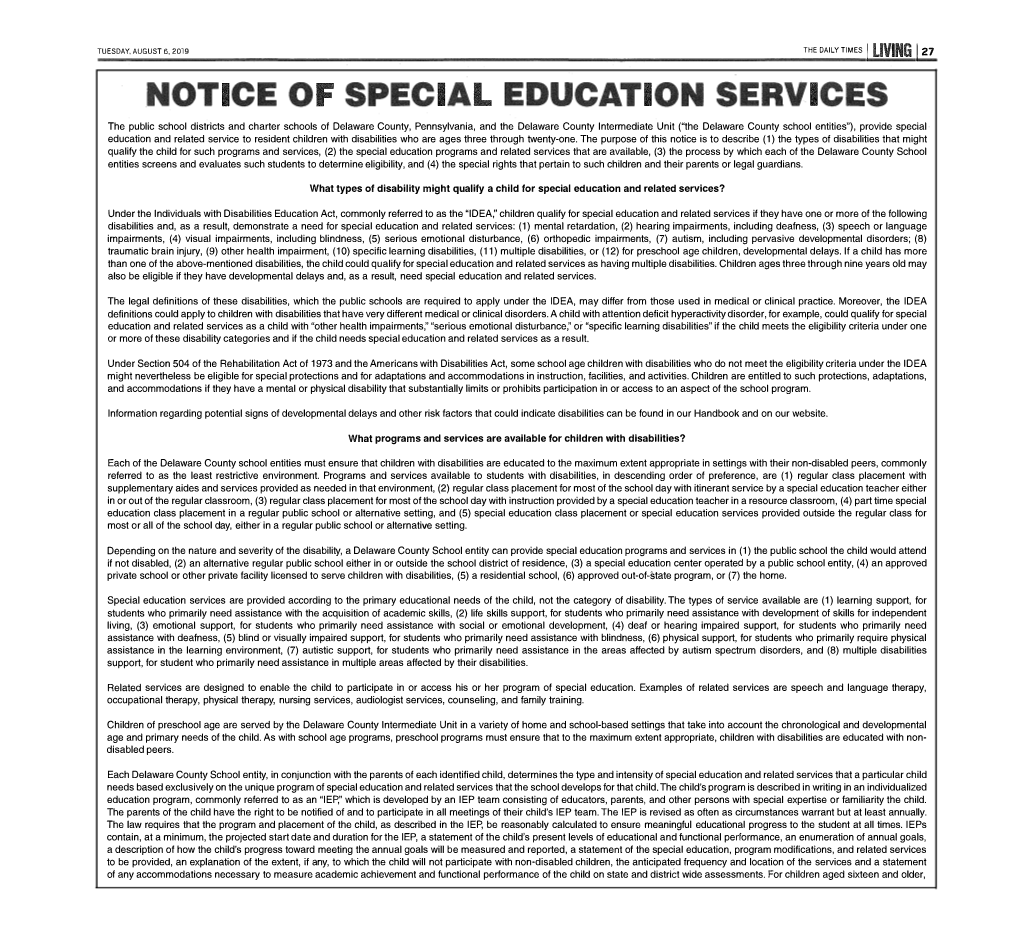 Notice of Special Education Services