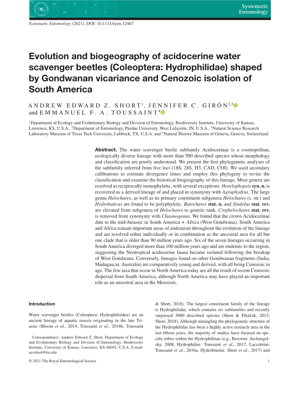 Coleoptera: Hydrophilidae) Shaped by Gondwanan Vicariance and Cenozoic Isolation of South America