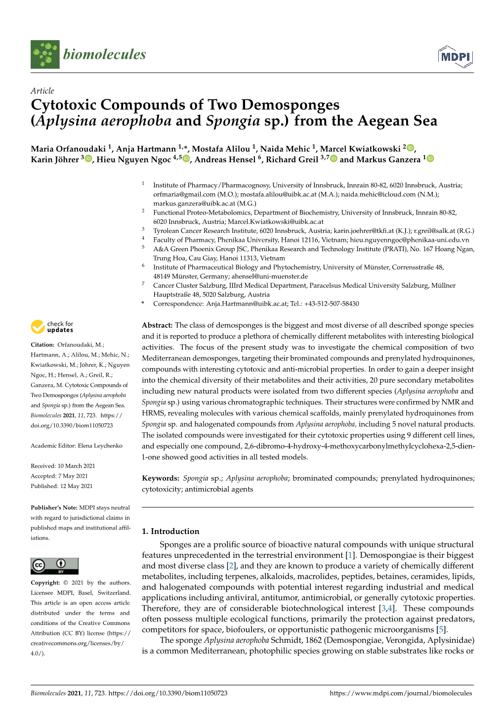 Aplysina Aerophoba and Spongia Sp.) from the Aegean Sea