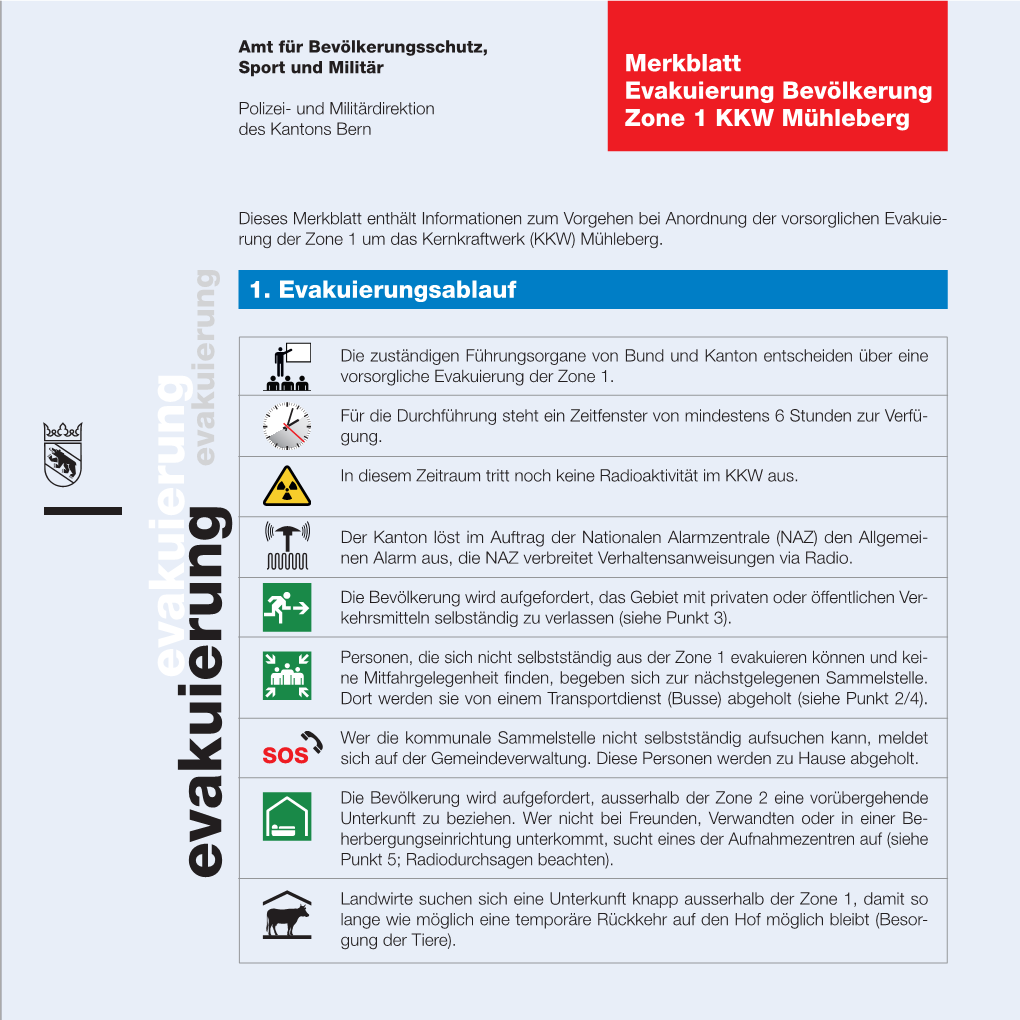 Merkblatt «Evakuierung Bevölkerung Zone 1 Kernkraftwerk Mühleberg