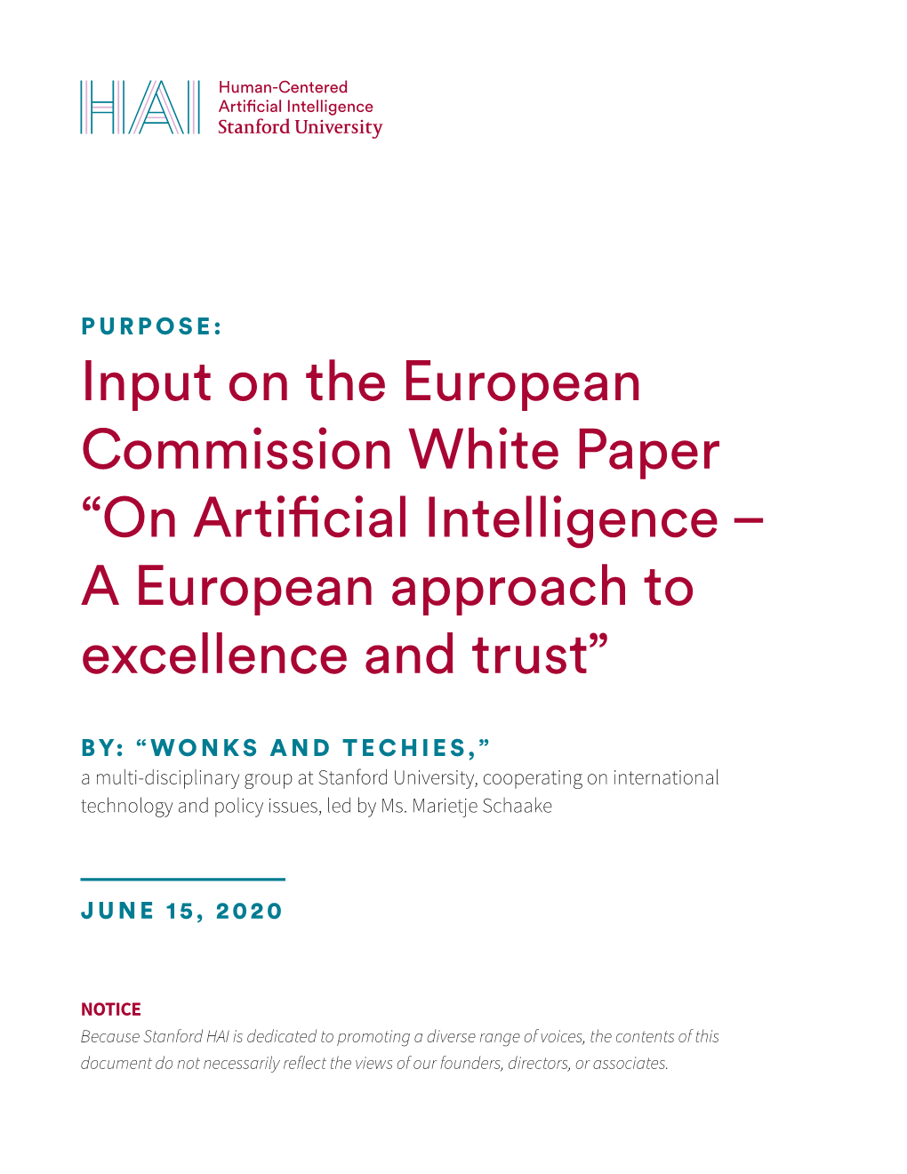 Input on the European Commission White Paper “On Artificial Intelligence – a European Approach to Excellence and Trust”