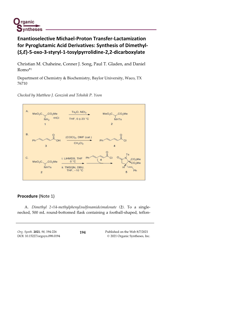 Enantioselective Michael-Proton Transfer-Lactamization for Pyroglutamic Acid Derivatives: Synthesis of Dimethyl- (S,E)-5-Oxo-3-S