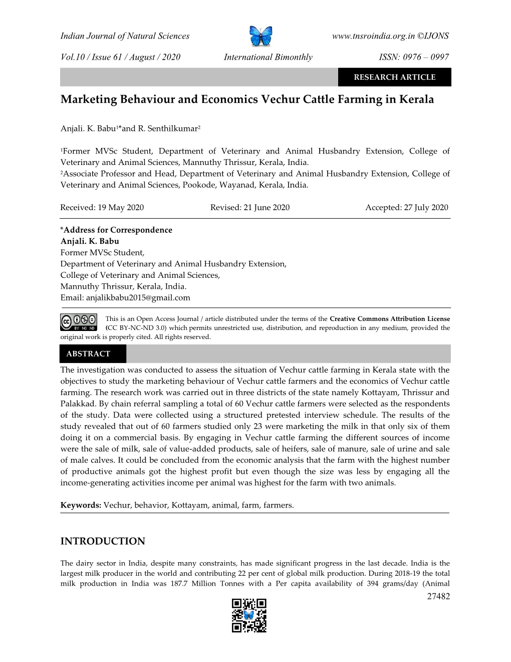 Marketing Behaviour and Economics Vechur Cattle Farming in Kerala