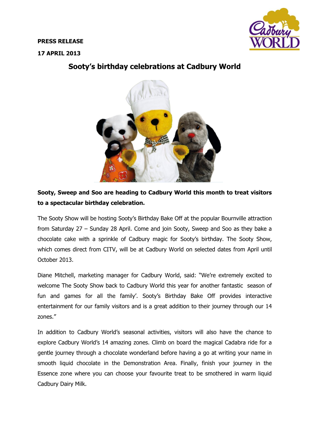 Sooty's Birthday Celebrations at Cadbury World