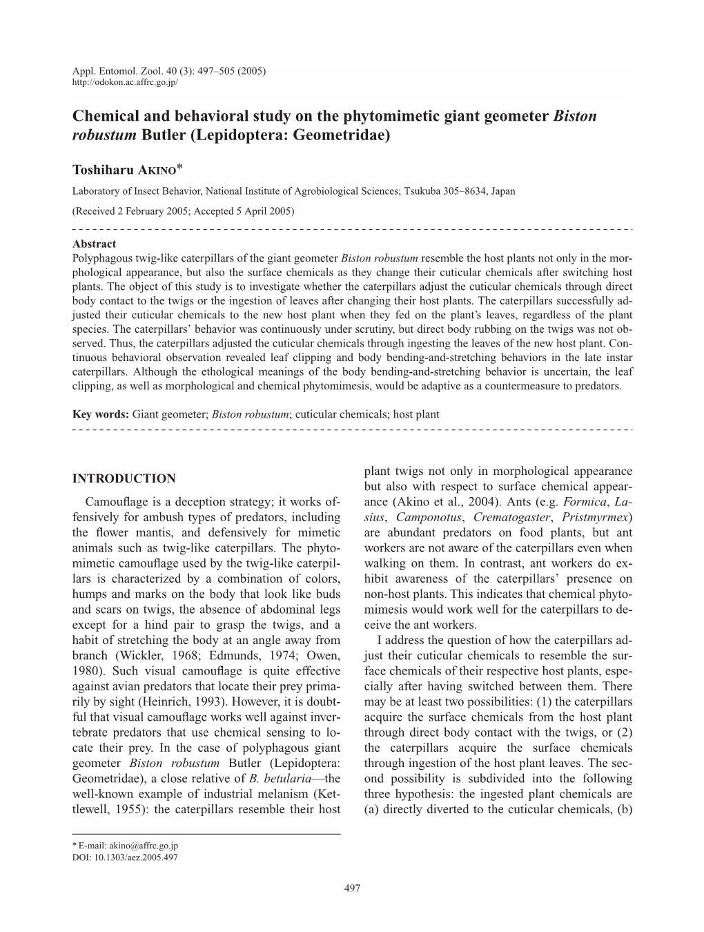 Chemical and Behavioral Study on the Phytomimetic Giant Geometer Biston Robustum Butler (Lepidoptera: Geometridae)