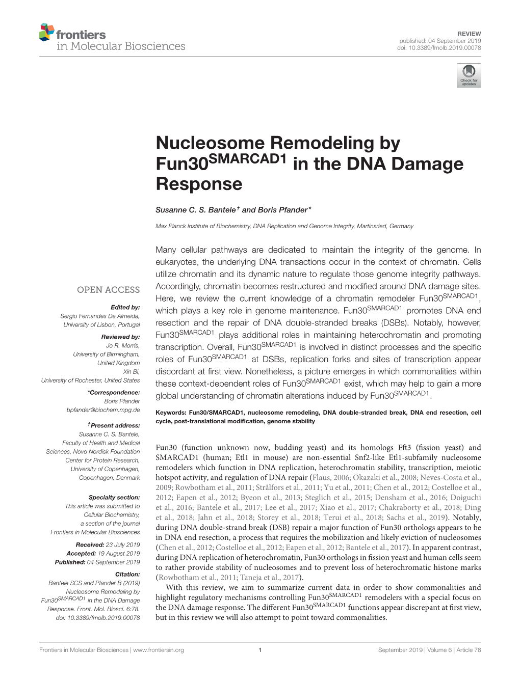 Nucleosome Remodeling by Fun30smarcad1 in the DNA Damage Response