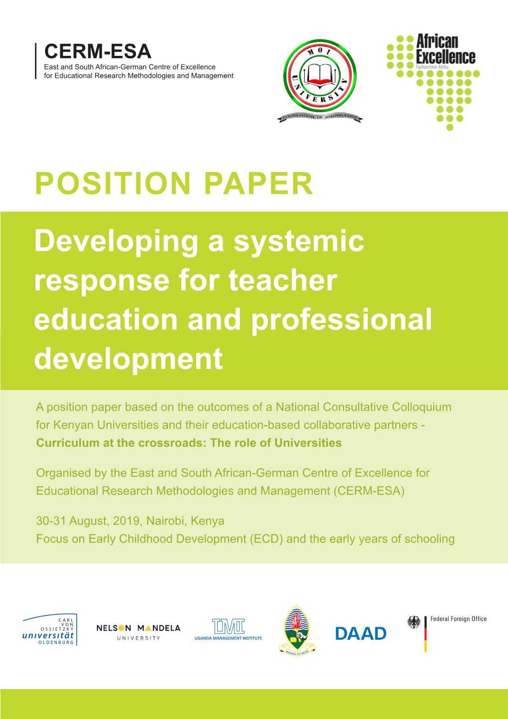 POSITION PAPER Developing a Systemic Response for Teacher Education and Professional Development