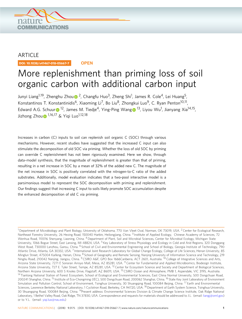 Replenishment Than Priming Loss of Soil Organic Carbon with Additional Carbon Input