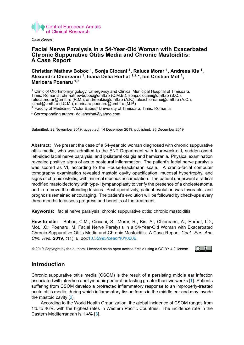 Facial Nerve Paralysis in a 54-Year-Old Woman with Exacerbated Chronic Suppurative Otitis Media and Chronic Mastoiditis: a Case Report