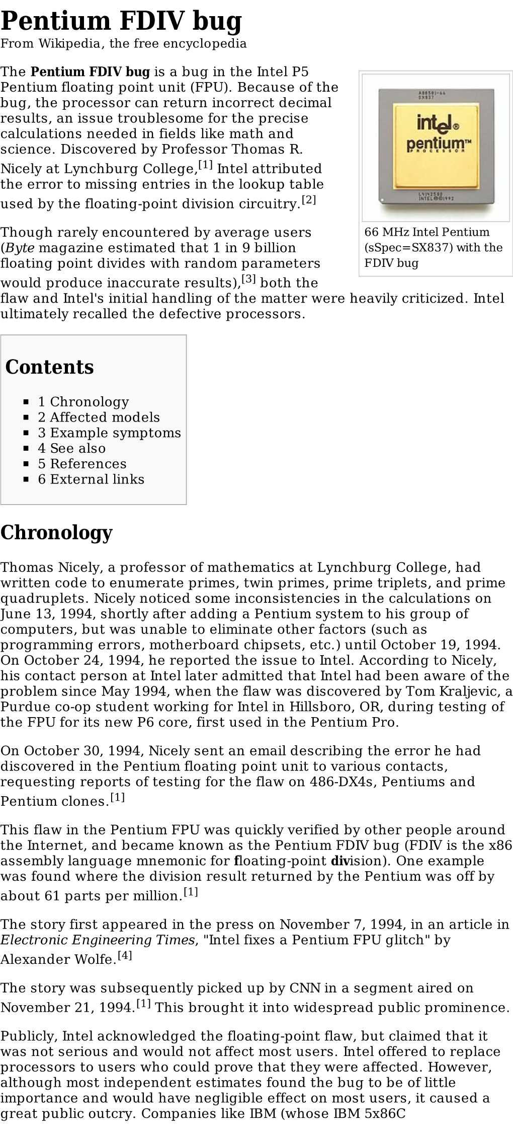 Pentium FDIV Bug from Wikipedia, the Free Encyclopedia