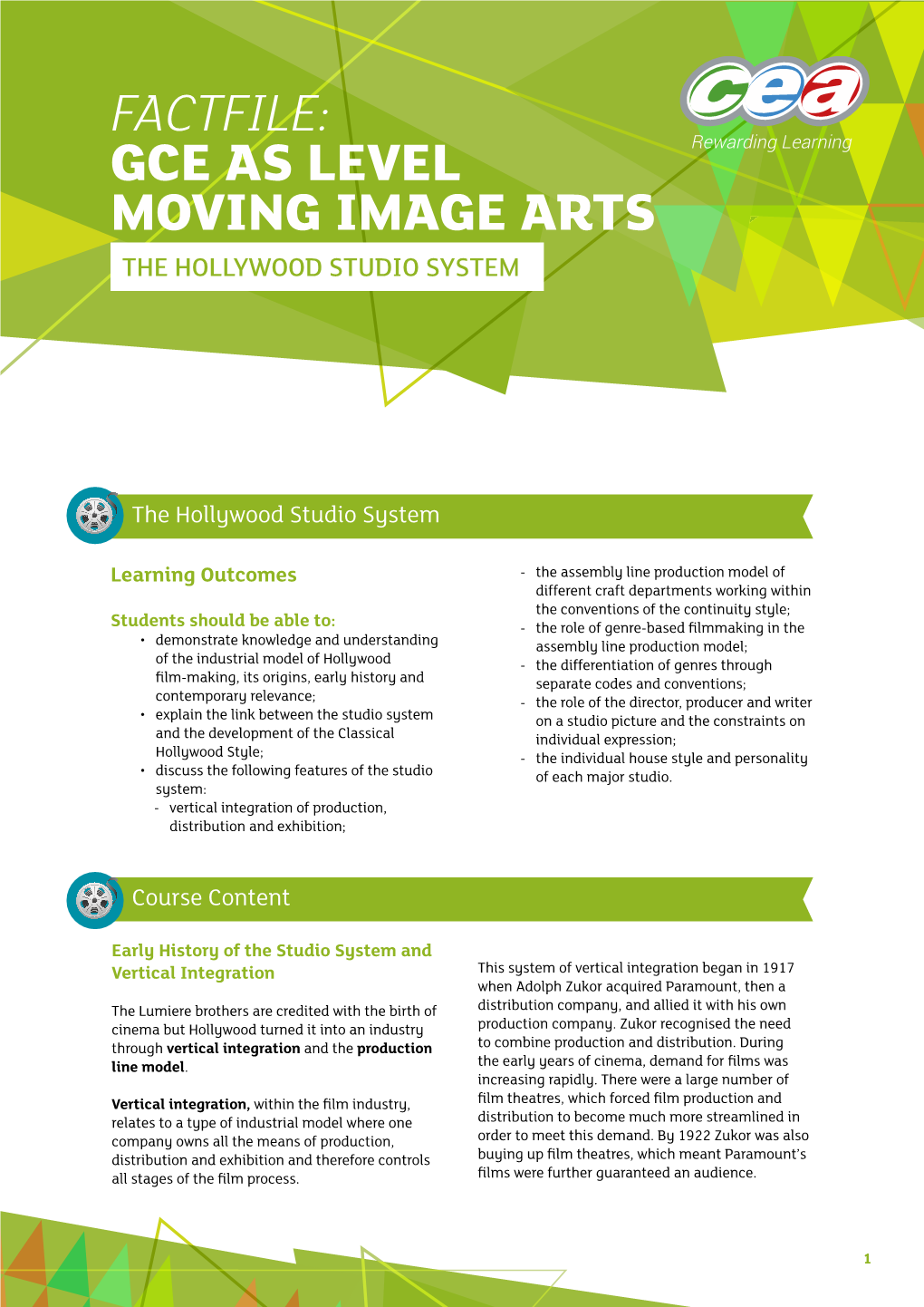 Factfile: Gce As Level Moving Image Arts the Hollywood Studio System