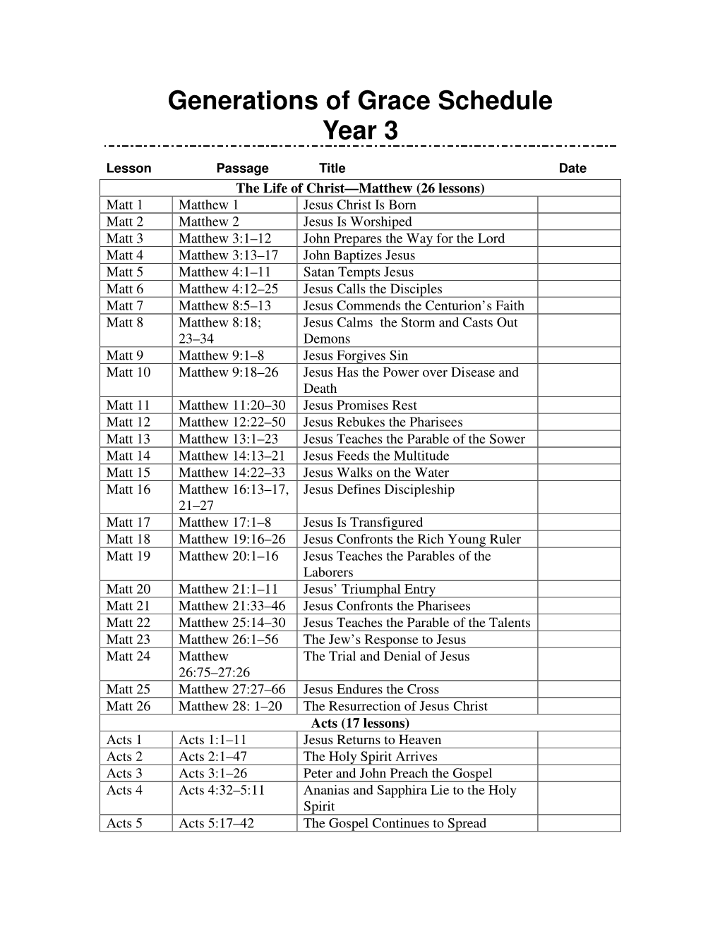 Generations of Grace Schedule Year 3