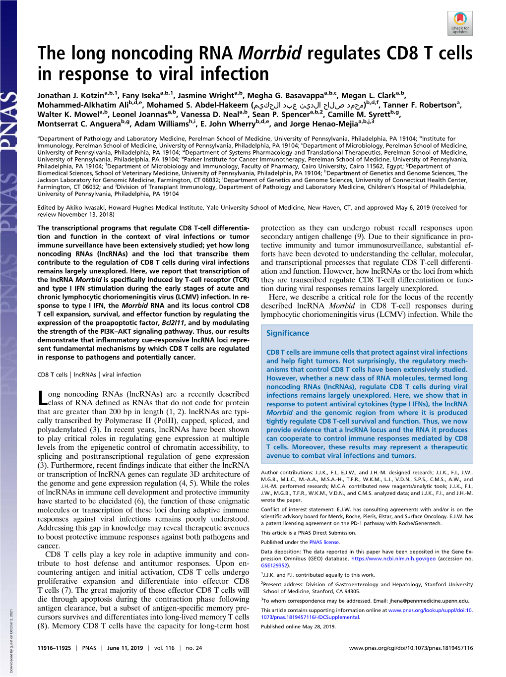 The Long Noncoding RNA Morrbid Regulates CD8 T Cells in Response to Viral Infection