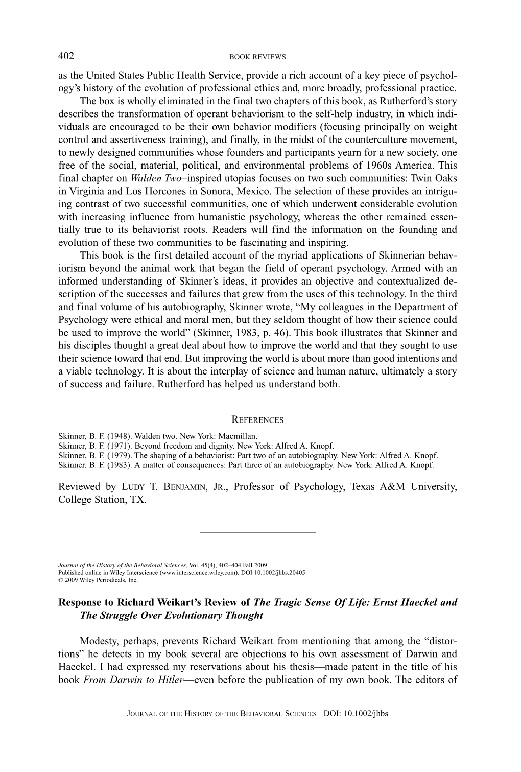 Response to Richard Weikart's Review of the Tragic Sense of Life: Ernst Haeckel and the Struggle Over Evolutionary Thought