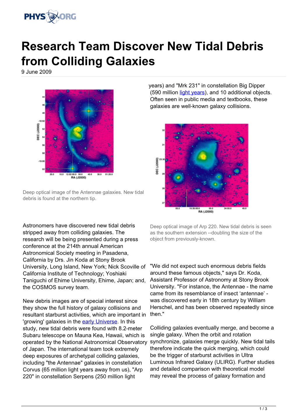 Research Team Discover New Tidal Debris from Colliding Galaxies 9 June 2009