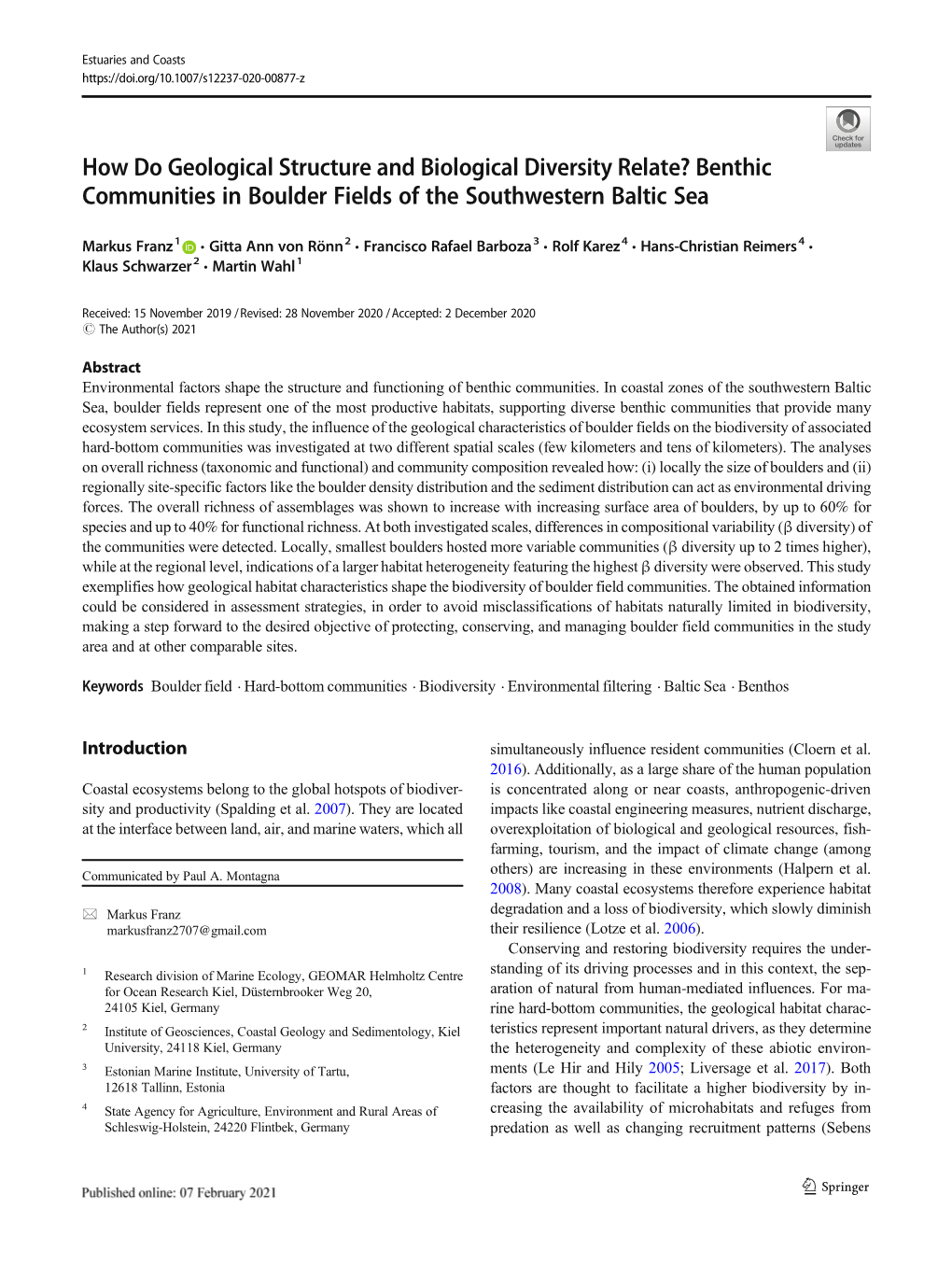 How Do Geological Structure and Biological Diversity Relate? Benthic Communities in Boulder Fields of the Southwestern Baltic Sea