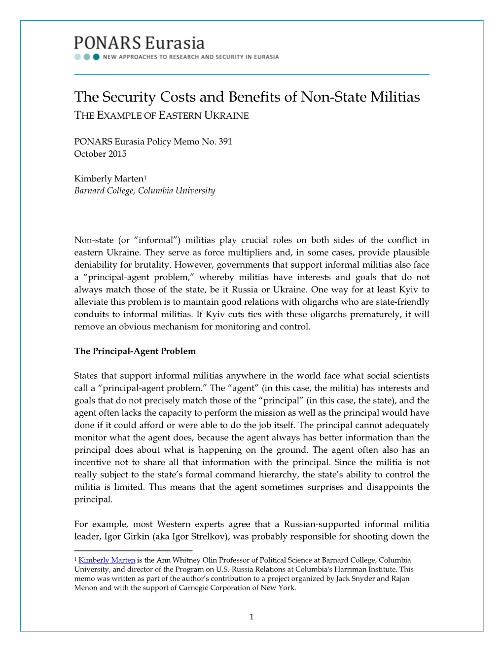 The Security Costs and Benefits of Non-State Militias the EXAMPLE of EASTERN UKRAINE