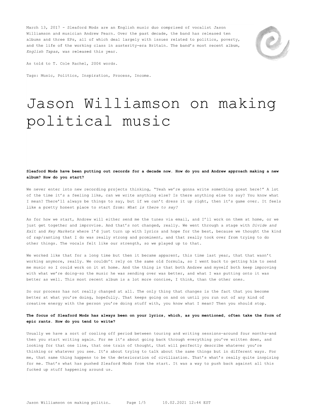 Jason Williamson on Making Political Music