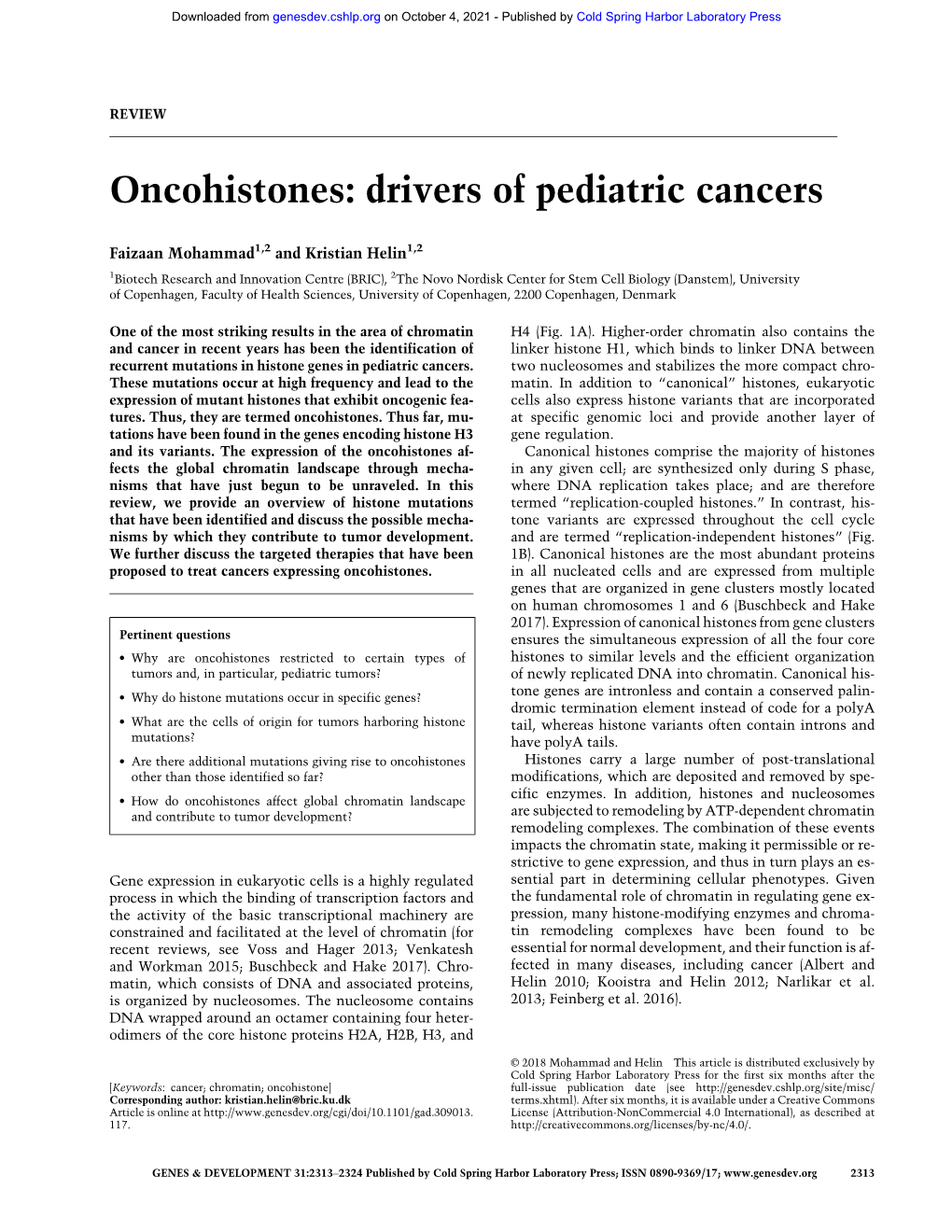 Oncohistones: Drivers of Pediatric Cancers