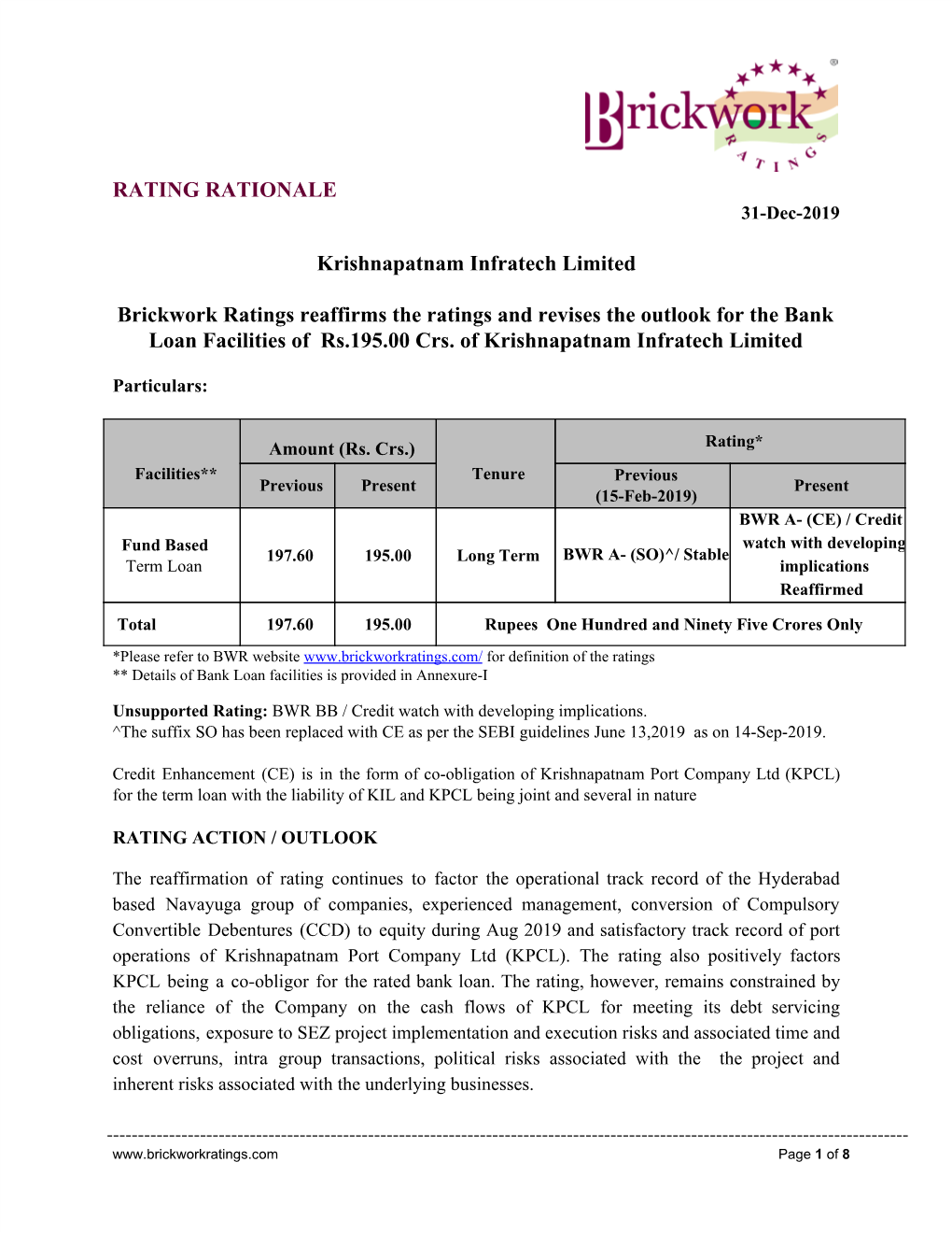 Krishnapatnam Infratech Limited Brickwork Ratings Reaffirms The