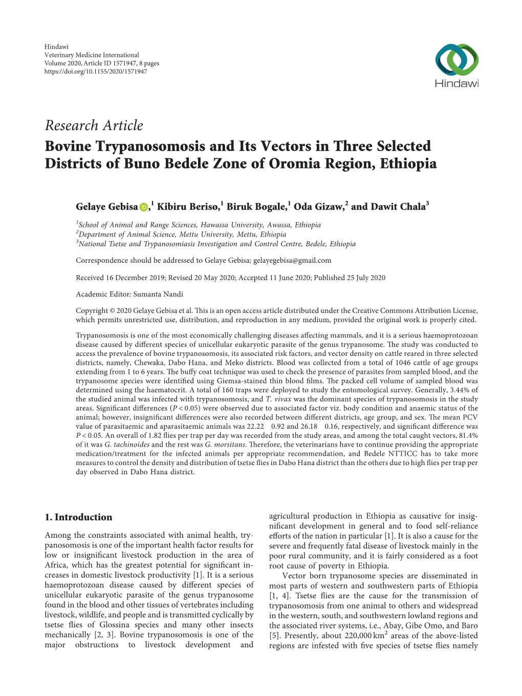 Bovine Trypanosomosis and Its Vectors in Three Selected Districts of Buno Bedele Zone of Oromia Region, Ethiopia