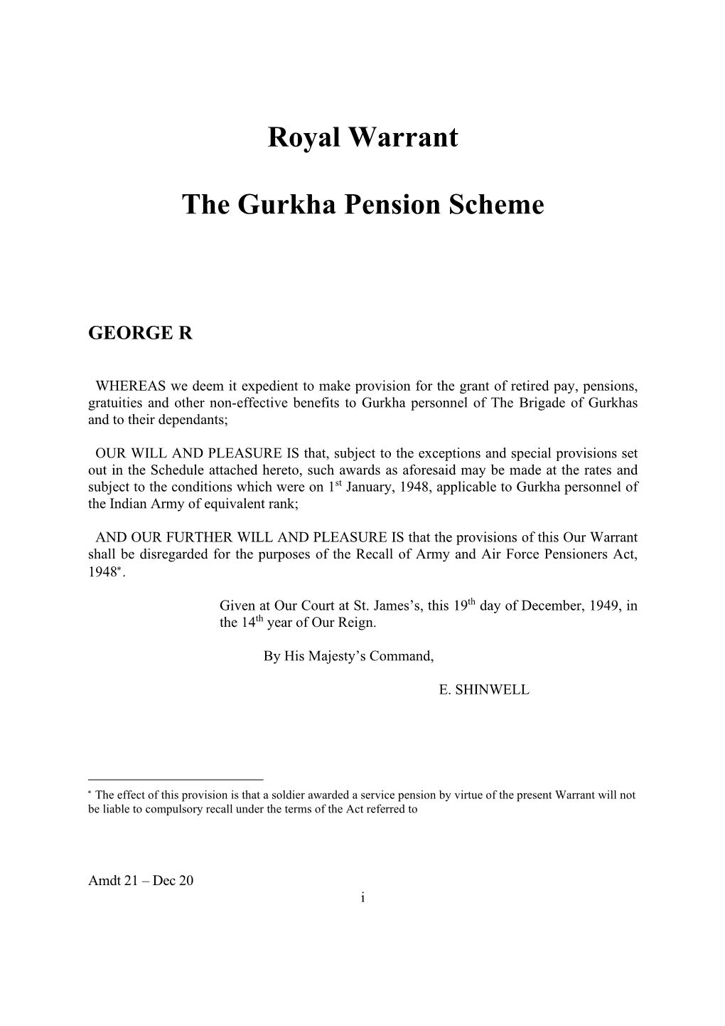 Royal Warrant the Gurkha Pension Scheme