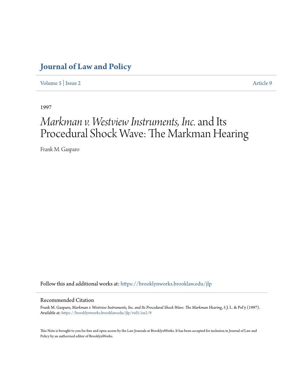 Markman V. Westview Instruments, Inc. and Its Procedural Shock Wave: the Am Rkman Hearing Frank M