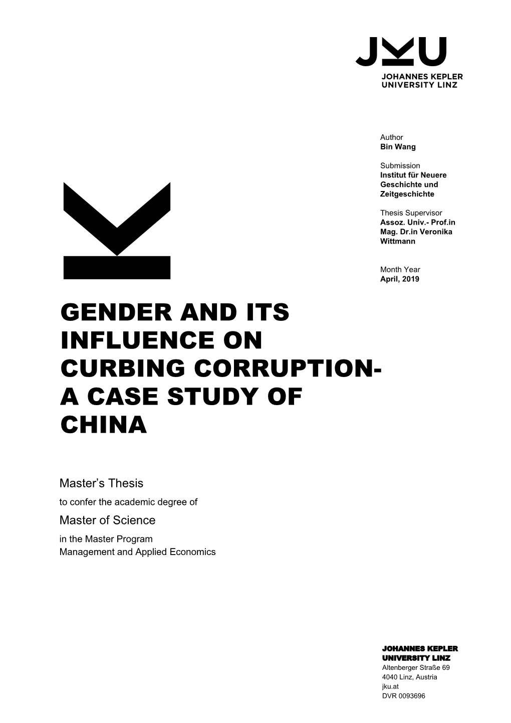 Gender and Its Influence on Curbing Corruption- a Case Study of China