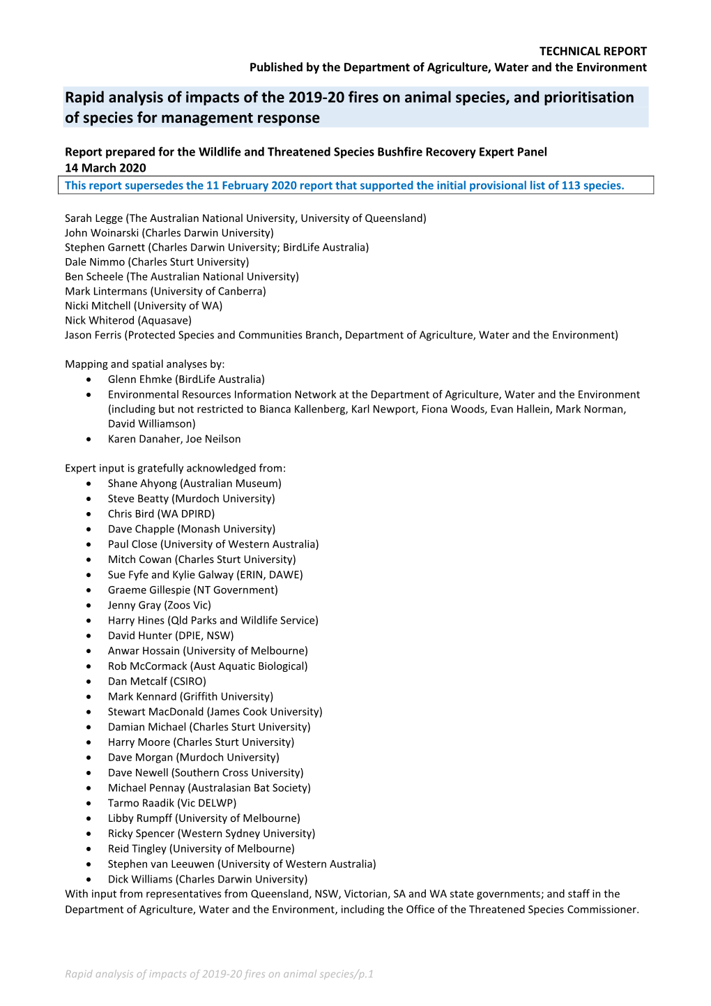 Full Report on the Assessment of Animal Species Vulnerability to Fire