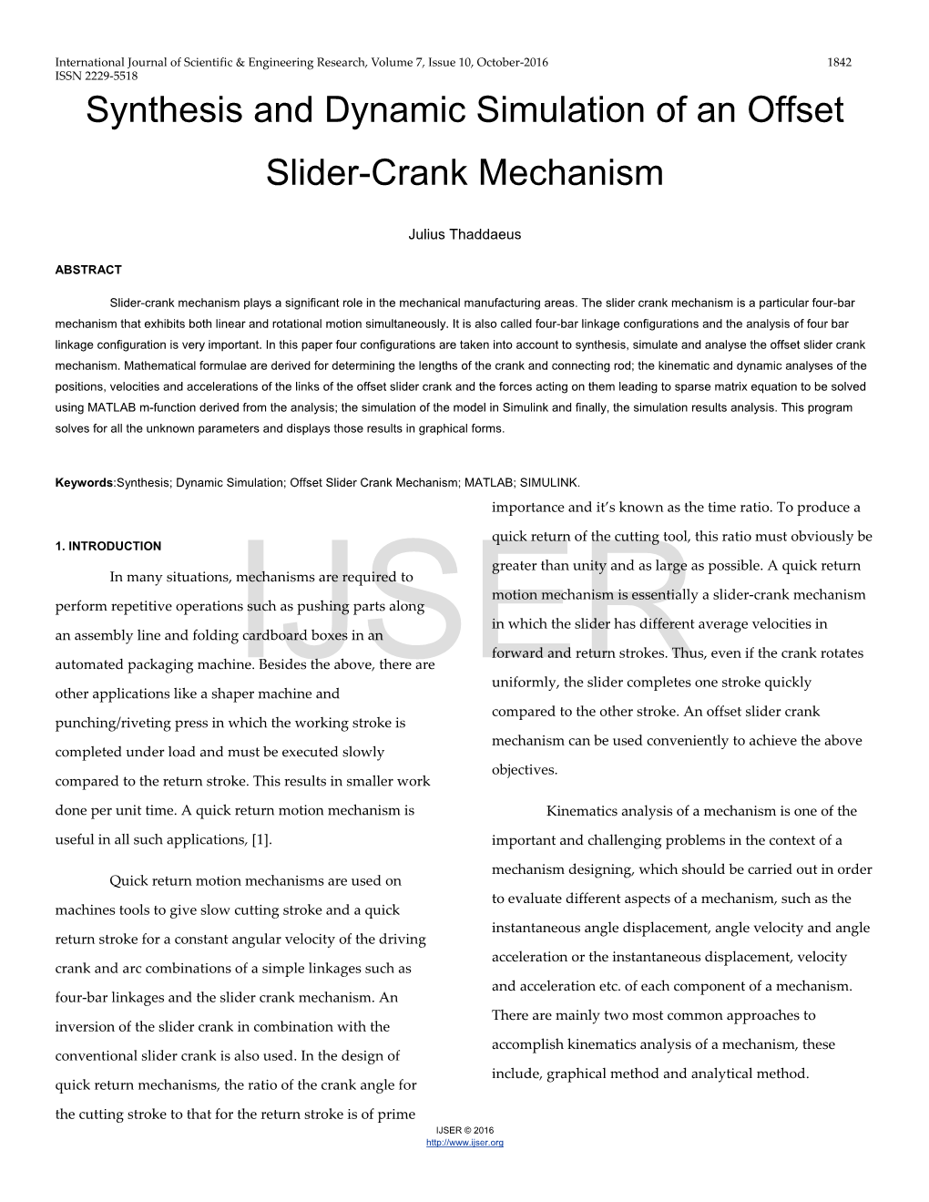 Synthesis and Dynamic Simulation of an Offset Slider-Crank Mechanism