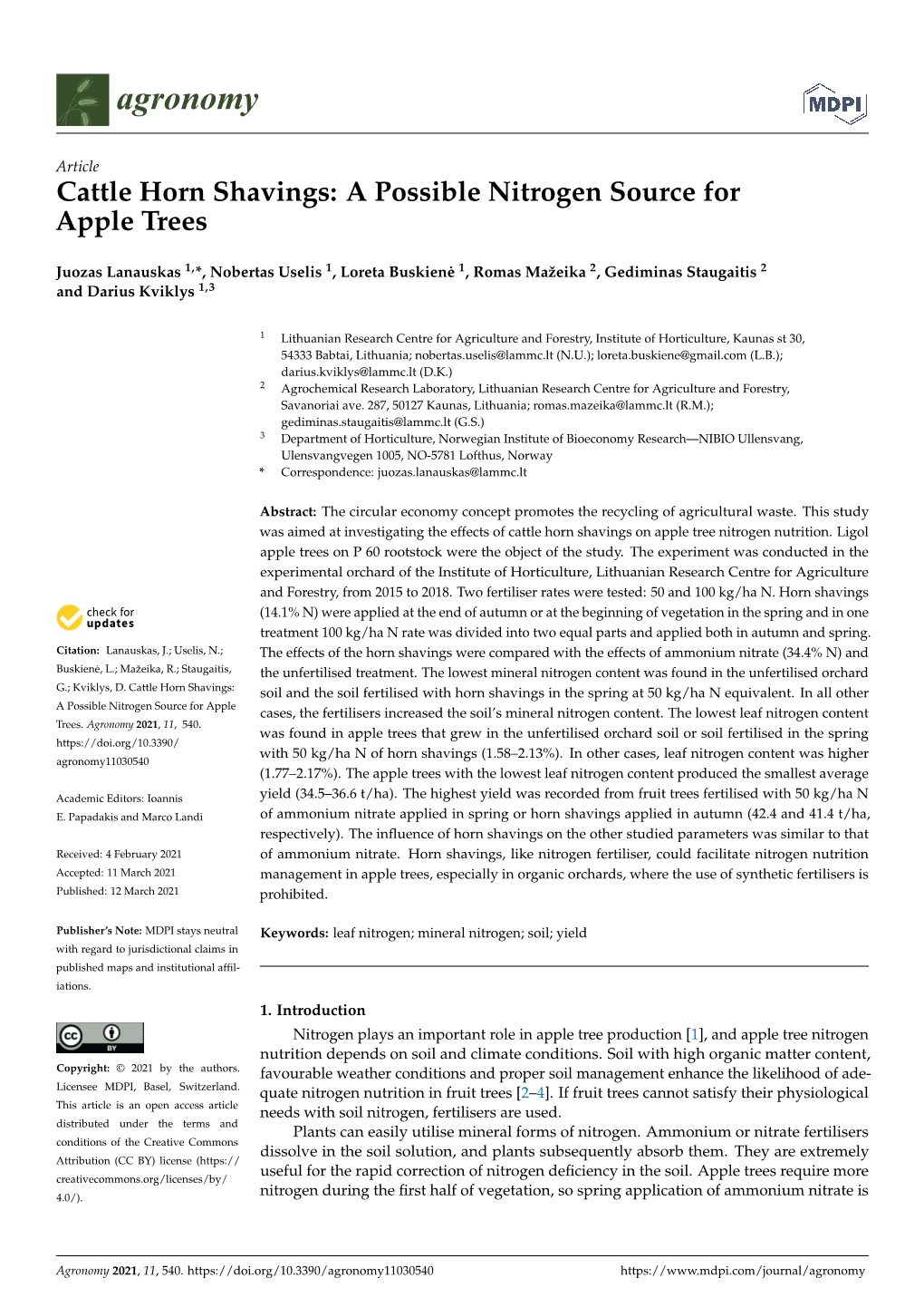 Cattle Horn Shavings: a Possible Nitrogen Source for Apple Trees