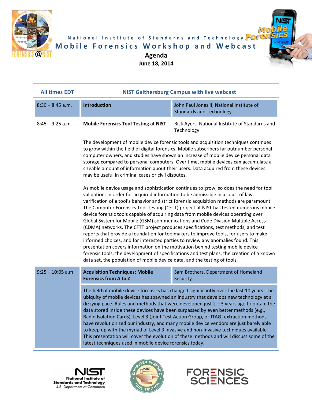 Mobile Forensics Workshop and Webcast Agenda June 18, 2014