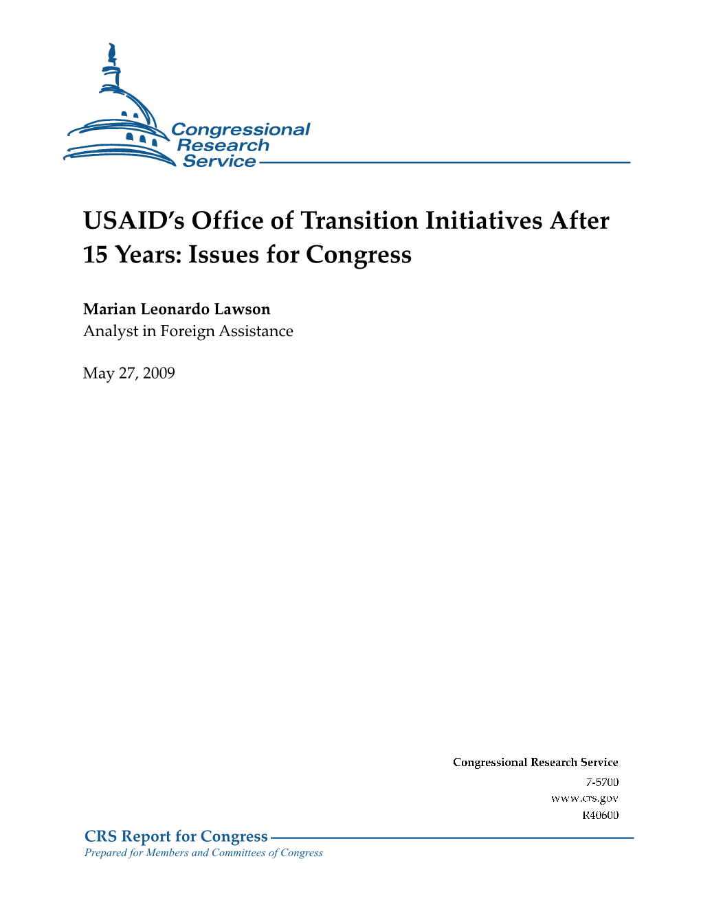 USAID's Office of Transition Initiatives After 15 Years: Issues for Congress