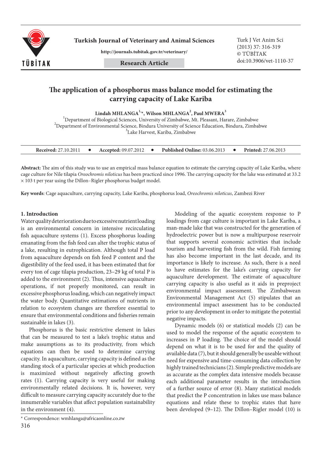 The Application of a Phosphorus Mass Balance Model for Estimating the Carrying Capacity of Lake Kariba