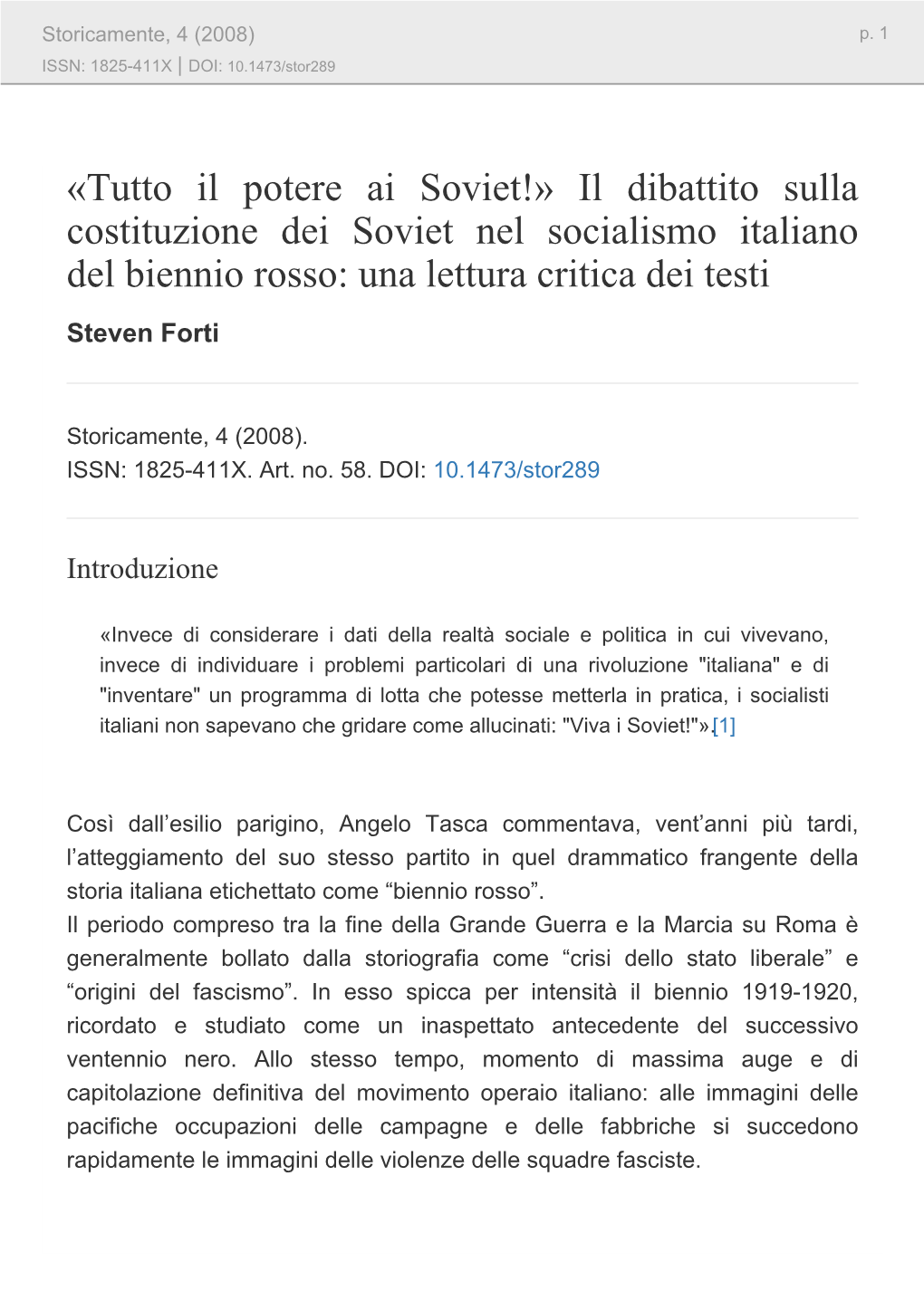 Il Dibattito Sulla Costituzione Dei Soviet Nel Socialismo Italiano Del Biennio Rosso: Una Lettura Critica Dei Testi Steven Forti