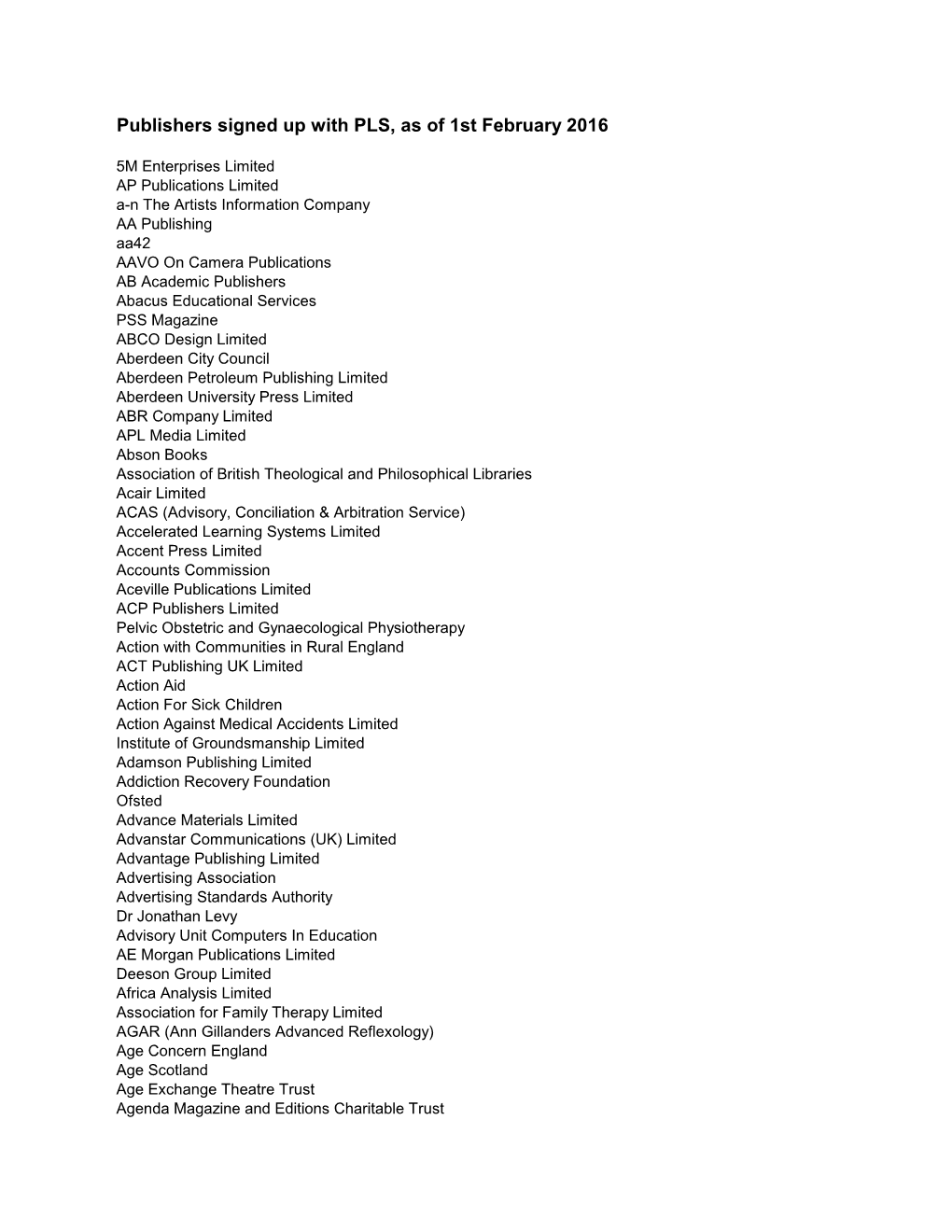 Publishers Signed up with PLS, As of 1St February 2016