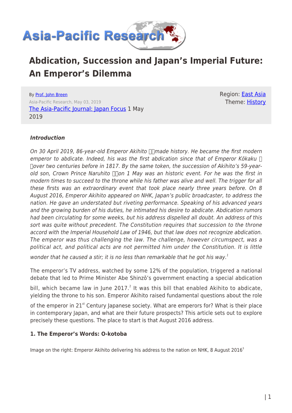 Abdication, Succession and Japan's Imperial Future: an Emperor's