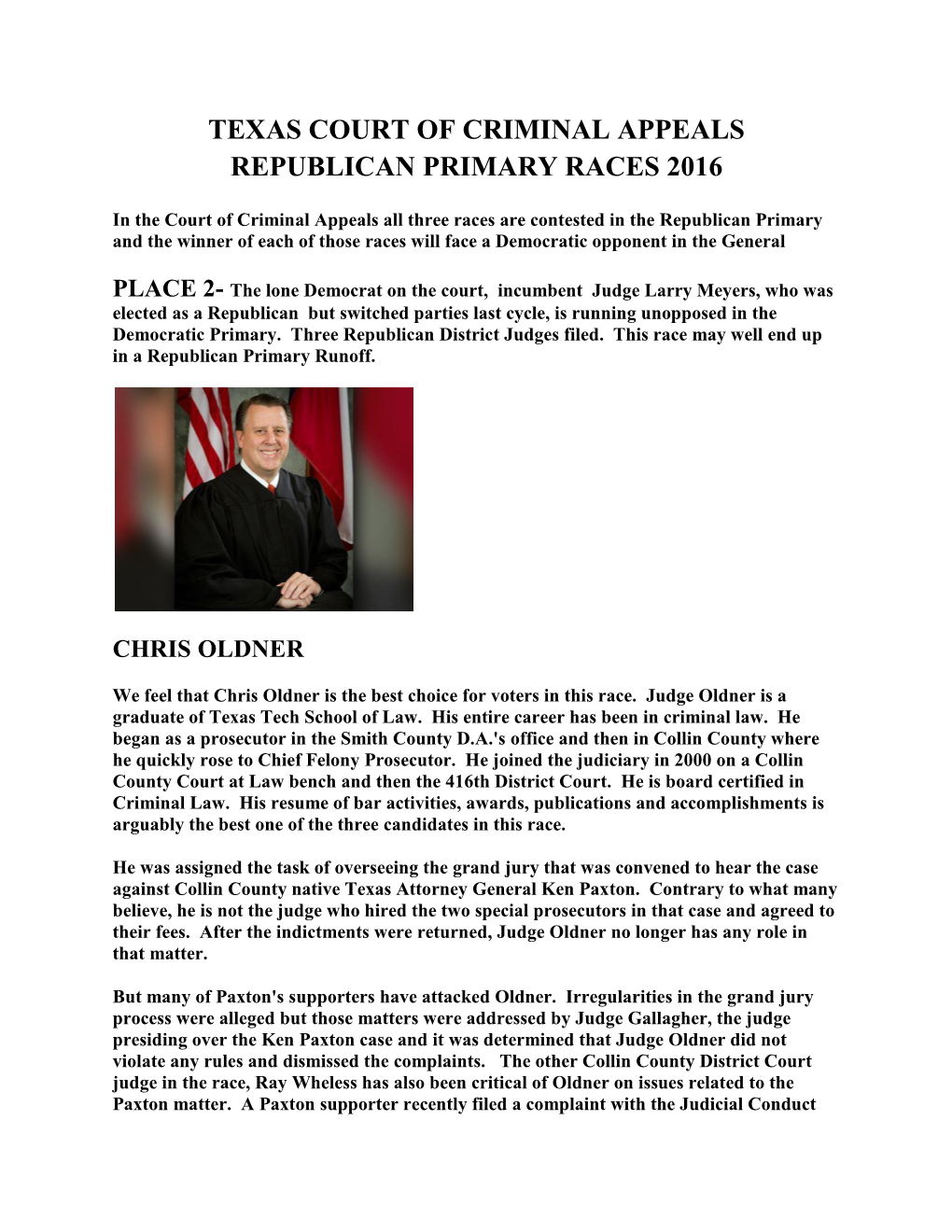 Texas Court of Criminal Appeals Republican Primary Races 2016